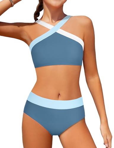 Image of Girls Swimsuits 2 Piece Bikinis Set Colorblock Bathing Suits Criss Cross Strap Girls' Swimwear