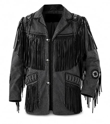 Rapid Mart Western Cowboy Leather Fashion Jacket For Mens Fringe & Beaded Native American Coat (US, Alpha, 3X-Large, Regular, Regular, Regular Black)