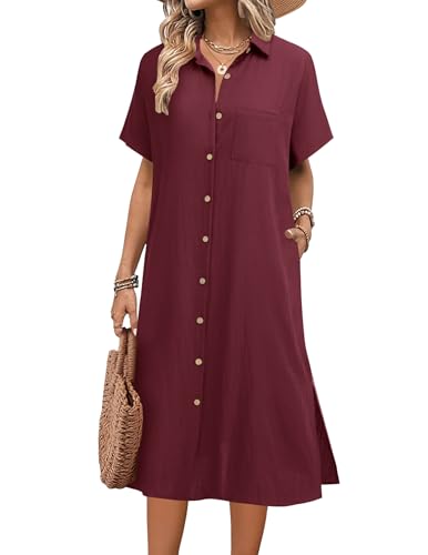 Image of HOTOUCH Womens Dress Summer Casual Midi Short Sleeve Button Down Shirt Dresses Loose Beach Cover Up with Pockets
