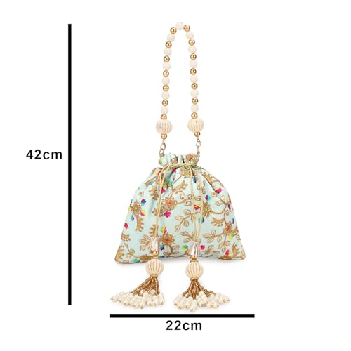 Image of LONGING TO BUY Indian Embroidered Pearl Potli Bag For Women, Sequence Design with Tassel, Wedding Potli Bags