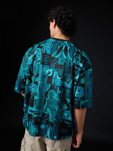 Image of The Souled Store Marvel: Team-Up Men and Boys Short Sleeves Round Neck Blue Graphic Printed Polyester Oversized Jersey