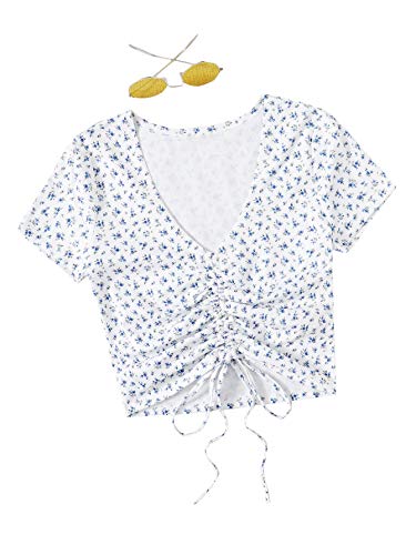 Shein Women's Floral Short Sleeve V Neck Crop Tee Tops Drawstring Ruched T Shirt White Floral Small #TOP4
