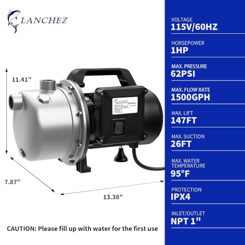 Image of LANCHEZ 1 HP Shallow Well Pump, 1500 GPH Stainless Steel Garden Irrigation Pump, 115V Water Transfer Pump, Water Booster Jet Pump for Home Garden Lawn Farm, Jet black