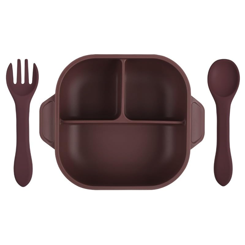 SPY KIDS® Silicone Suction Baby Feeding Bowl Set with Lid, 3 Section Plate, Soft Spoon & Fork, BPA-Free Food Grade Tableware for Babies 6–36 Months, Microwave & Dishwasher Safe | Red