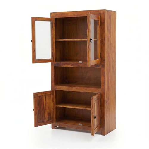 Image of SONA Art & Crafts Wood Crockery Cabinet with Glass Door | Wooden Book Shelf Cabinet with Storage Rack for Home & Office Living Room (Natural Brown)