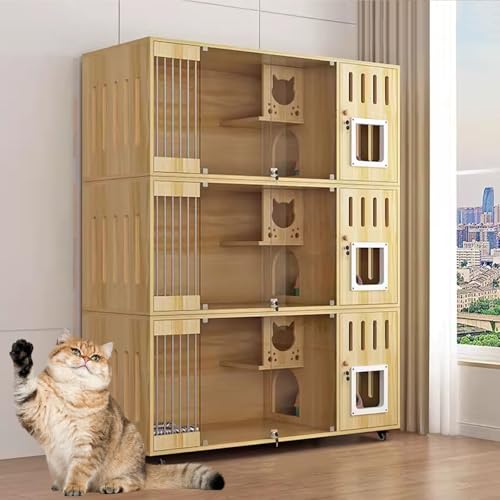 猫 ケージ キャスター付き 木製 猫ハウス付 猫ゲージ 猫 ケージ 多頭飼い ペットケージ 猫ゲージ 大型 隠れ家 キャスター付き キャットケージ 木製 多機能キャットハウス 大型室内猫用囲い、木製大型猫用別荘、車輪付き室内猫用囲い、通気性良好(140x6