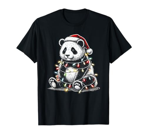 Funny Panda Bear Santa Hat Christmas Tree Lights Pajama T-Shirt