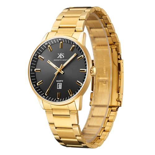 Kenneth Scott Men’s Analog Casual Watch | Black Dial, Gold Case & Strap, 42mm-K22010-GBGB