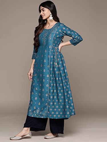 Image of ishin Women's Silk Teal Embellished Foil Print A-Line Flared Kurta
