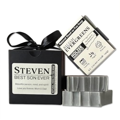 Holzer Handcrafted Personalized Best Son Ever Soap Gift Set: Bar Soap 3 Pack, Custom Printed Label on Black Gift Wrapped Box, Natural Handmade Cold Process, Luxury Scents or Unscented