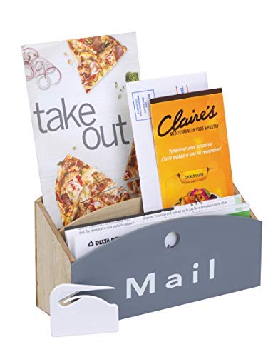 2-Tier Wooden Mail Organizer with Magnetic Letter Opener – Rustic Gray & Natural Wood Countertop Mail Sorter for Home, Kitchen, or Office – Desktop Letter Holder & Bill Organizer