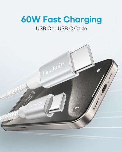 20FT USB C to USB C Cable 60W, Extra Long Type C to Type C Charger Cord Fast Charging, Premium Nylon Braided White USBC Cable for iPhone 17 16, for Samsung Galaxy S26 S25, Pixel