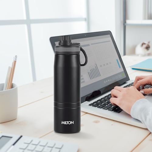 Image of Milton Sparkle 600 Thermosteel Water Bottle with Easy Sip Cap and Handle, 620 ml, Vacuum Insulated Stainless Steel, Hot and Cold, On The Go Bottle for Office College, Black