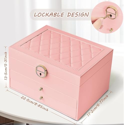 Image of Vlando 3 Layer Jewellery Organiser Box, Large PU Leather Jewelry Storage Case With Drawers, Earrings, Rings, Necklaces Holder | Luxury Jewellery Box For Women & Girls Gift (Pink)