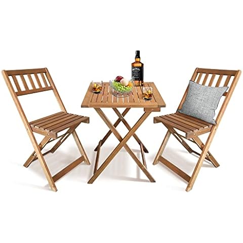 GINMAON 3 Piece Bistro Set Folsing Patio Set Acacia Wood Outdoor Furniture for Backyard, Balcony, Indoor Small Dining Set W/2 Chairs and Square Table, Natural Oiled Cover