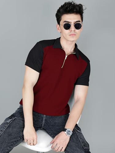 Image of London Hills Men's Loose Fit Half Sleeve Color Block Polo T-Shirt with Zip Collar | Premium Polyester Fabric | T Shirt for Man | Tshirt | Shirts Men | Tshirt for Man | Men T-Shirts