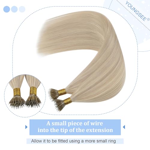 YoungSee Nano Hair Extensions Blonde 16inch Nano Beads Hair Extensions Warm Ash Blonde Highlight Bleach Blonde Nano Ring Hair Extension Highlight for School Soft Cold Fusion 50s 50g - Image 4