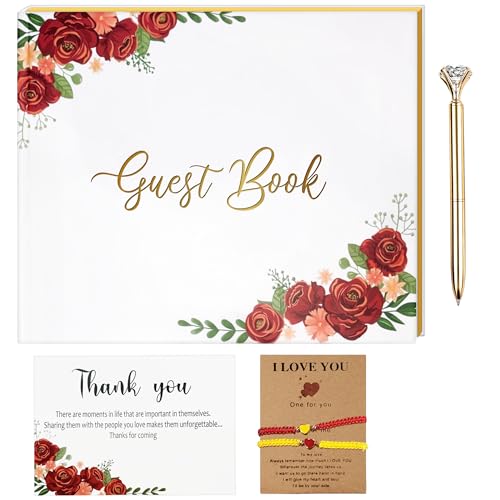 Suly Boutique Modern Wedding Guest Book, Guest Book Includes a Pen, Baby Shower Guest Book for Party a Thank You Card, Guest Book Wedding Reception Two Brazalet, Wedding Scrapbook Design of Red Roses