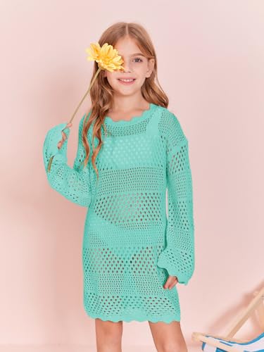 Image of Batermoon Girls Crochet Long Sleeve Swimsuit Cover Up Kids Fashion Hollow Out Swimwear Beach Dress 5-14 Years