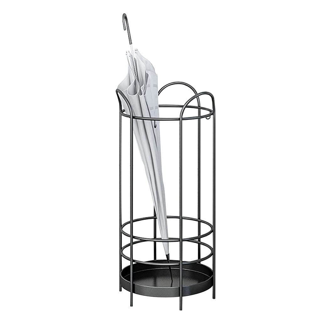 Paragüeros de Metal para Interiores, Cesta de Almacenamiento con Gancho y Bandeja de Goteo, Ahorra Espacio en la Entrada (Color Negro)