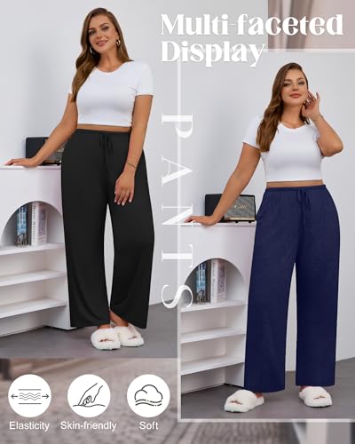3 Pack Women's Plus Size Lounge Pants with Pockets, Wide Leg Loose Drawstring Pants Casual Sweatpants Jogger Pant4