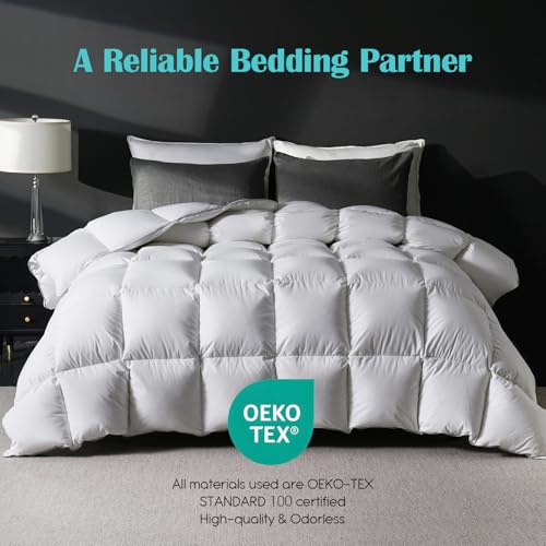 Image of Goose Feather Down Fiber Comforter Full Size, 100% Cotton Ultra Soft Fluffy Duvet Insert Full, All Season Luxurious Hotel Bedding Comforter with Corner Tabs, White 82 inchx86 inch