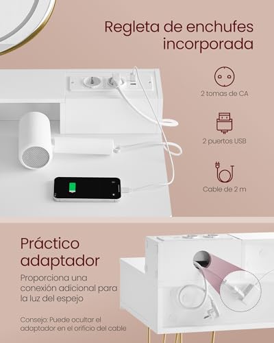 VASAGLE Tocador con Taburete e Iluminación, Regleta de Enchufes, Espejo Giratorio, 40 x 100 x 134,8 cm, Taburete Tapizado, Blanco Mate y Dorado Pálido RVT619W01 - imagen 3