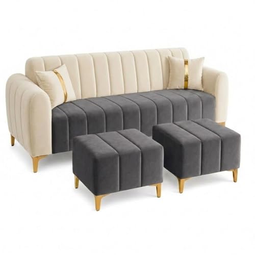 Image of FURNY Harmony 5 Seater L Shape Sofa Set with 2 Movable Ottoman & Golden Legs | Flexible Left or Right Layout | Plush Velvet Fabric (Dark Grey-Cream) | Perfect for Living Room, Guest Room & Office