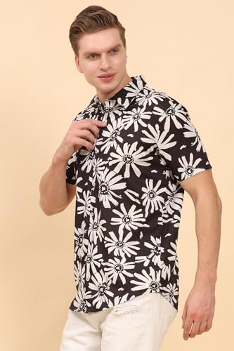 Image of Mens Printed Casual Shirts Short Sleeves Button Down Tropical Shirts (MS1 Black White S)