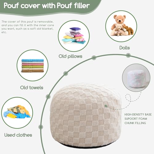image for HIGOGOGO Round Stuffed Pouf Ottoman, Plaid Poufs with Foam Chunk Filli