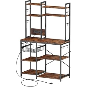 Standing Kitchen Baker’s Rack, Bakers Rack with Power Outlet, 6-Tier Microwave Stand, Coffee Bar with 12 S-Shaped Hooks, Kitchen Shelf with Storage, Coffee Bar Station, for Rustic Brown
