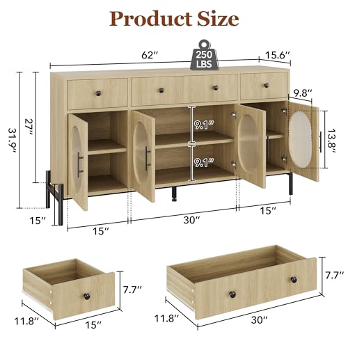 GarveeHome 62" Large Sideboard Buffet Cabinet with Storage and 3 Drawers, Buffet Table Coffee Bar Storage Cabinet with 4 Glass Doors for Dining Room, Living Room, Kitchen