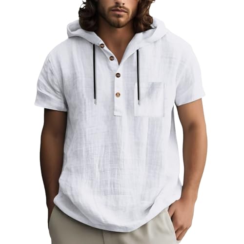 Linen Shirts for Men Lightweight Button Up Short Sleeve Shirts with Hood Loose Fit Breathable Boho Beach Linen Hoodie