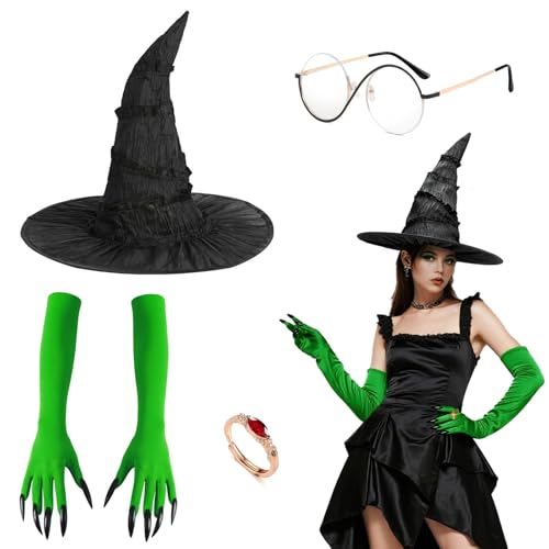 Disfraz de bruja de 4 piezas que incluye gafas de sombrero de bruja negro con guantes para fiesta de cosplay de película de Halloween