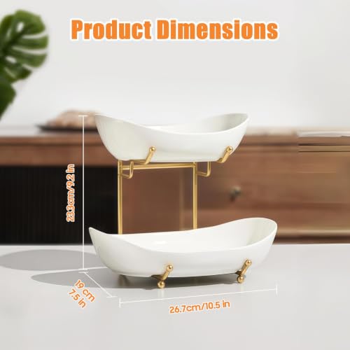 Image of 2 Tier Fruit Bowl, Ceramic Fruit Basket for Kitchen Counter (White)