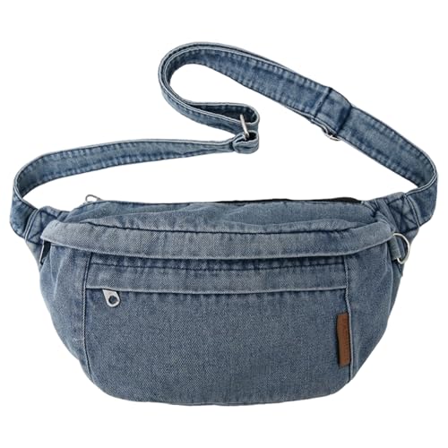 Sac banane en denim idéal pour les sorties : sac en jean bleu ajustable et logeable pour femme