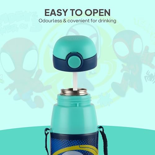 Image of CELLO Kidzbee Series Orb 600 Inner Steel Insulated Water Bottle, 500ml, Navy Blue | 3D Touch & Feel Web Warriors Design | Leakproof Flip Top Spout, Easy to Carry | Cold Water Bottle for Kids School