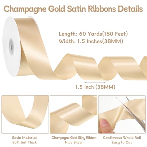 Image of woric Champagne Gold Ribbon 1 1 /2 Inch 60 Yards Wide Gift Satin Ribbons Gold Bows for Graduation Gift Wrapping Flower Bouquet Birthday Decorations