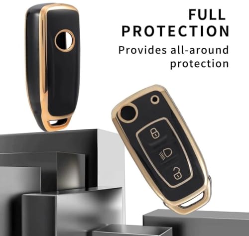 Image of TPU Car Key Cover Black & Golden Compatible for TATA Nexon, Punch, Altroz, Tigor, Tiago, Zets, Bolt, Hexa, Storme (TATA, 3 Button Flip Key)