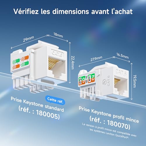 Prises Keystone Cat6 RJ45 Cable Matters lot de 25 avec support blanc