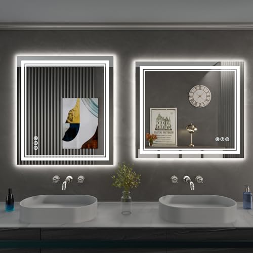 28 x 32 Inch LED Bathroom Mirror, Front Light and Backlit Anti-Fog Dimmable Memory Lighted Vanity Mirror, Shatterproof Wall-Mounted Led Mirror for Bathroom