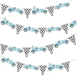 Race Car Party Banners 4PCS Racing Car Birthday Party Decorations Blue Race Car Checkered Flags Cutout Banners Racing Themed Party Decorations for Let's Go Racing Baby Shower Supplies