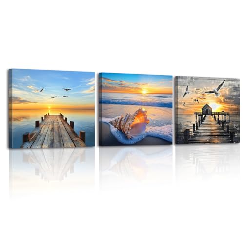 PIY PAINTING 3 Pezzi Spiaggia Stampe E Quadri Su Tela, Natura Quadro Moderni Soggiorno, Quadri Cucina Con Cornice, Stampe Da Parete, Dipinto Su Tela Adatto Camera Da Letto Bagno 30X30Cm