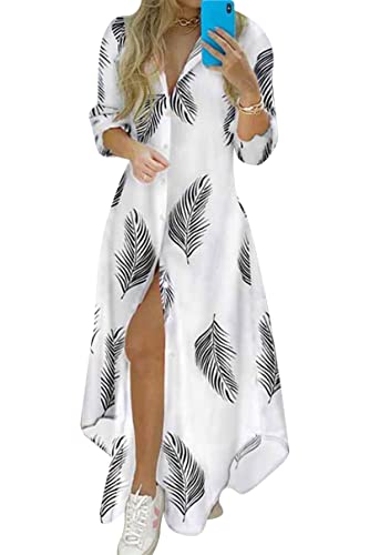 Image of YMING Womens Long Sleeve Button Down Shirt Dresses Casual Floral Print Maxi Dress Loose Fit Split Blouse Dress
