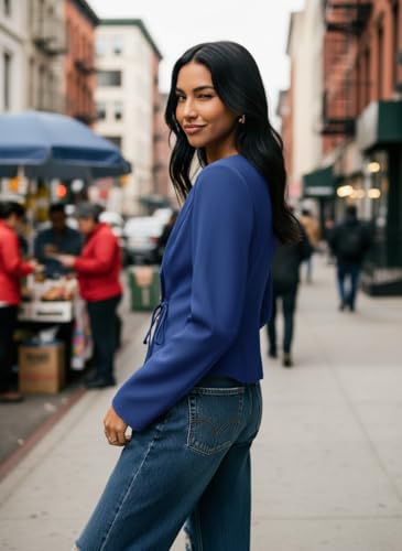 Image of Women's Cotton Tops | Casual Wrap V Neck Top | Long Sleeve Textured Side Tie Shirt | Elegant Slim Fit Crossover Tunic | Stylish Office Wear & Trendy Streetwear Apparel(38-K-1-4)
