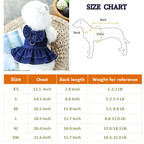 ANIAC Denim Dog Dresses for Small Dogs Puppy Girl Clothes with Leash Ring and Cute Bow Knot Summer Cat Apparel with D-Ring Blue Girl Dog Clothes (Dark blue,Small) - Image 6