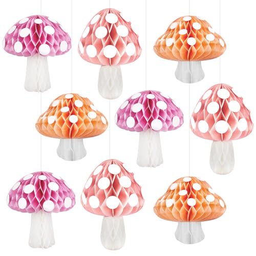 9Pcs Mushroom Honeycomb Balls Decorations Pink Fairy First Birthd...
