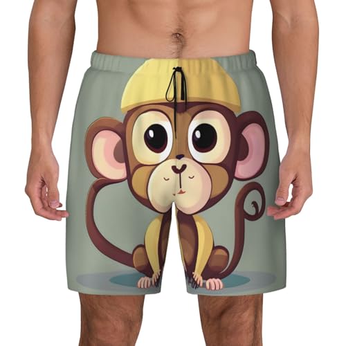 Cute Monkey Mens Double Polyester Swimsuit Trunks Swim Shorts with Compression Liner and Patch Pocket.