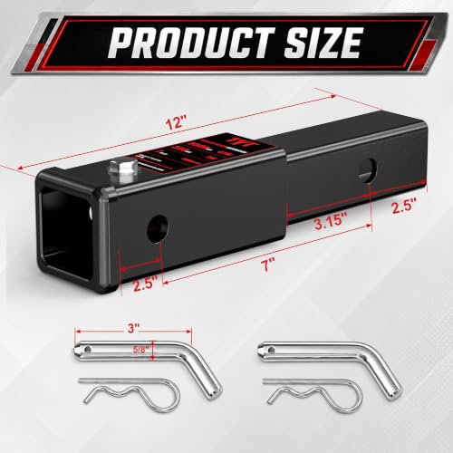 Image of TYT Trailer Hitch Tube Extender for 2 inch Receiver, 7 inch Extension Length, with 5 /8 inch Pin and Clip, 3500 lbs GTW
