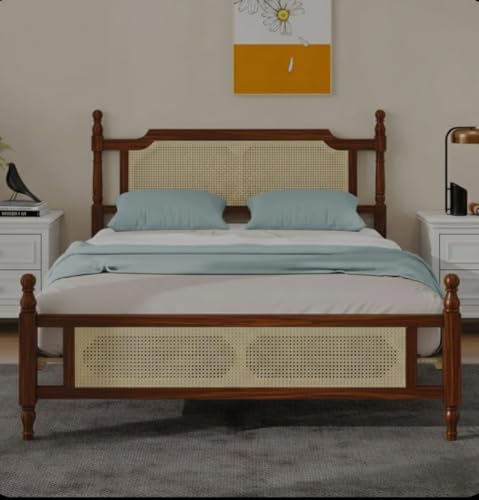 Image of JANGHU FURNITUREWALA Wooden /Rattan /Cane /King Size Bed Without Storage -Sheesham Wood -King Cot -Palang -Bed Stylish Bedroom Furniture /Hotel Furniture (Flor De Cerezo, Honey Finish) Rattan /Cane Bed